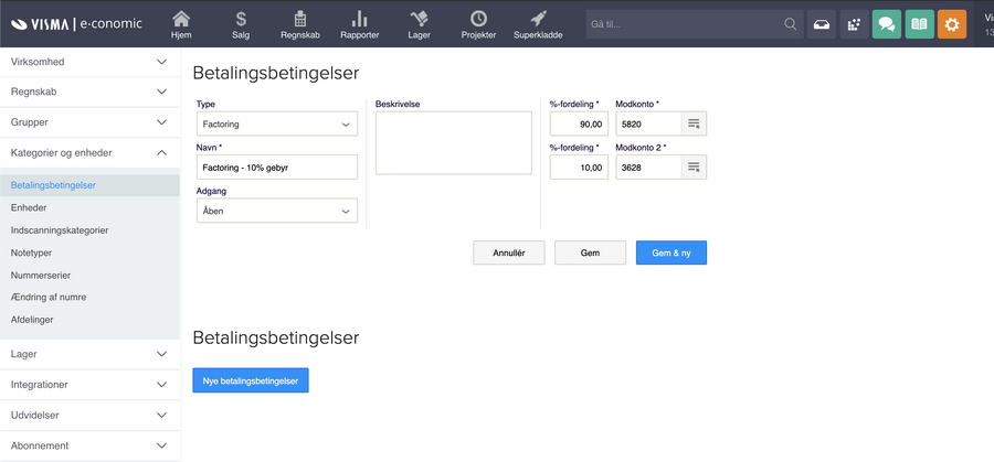 Viser oprettelse af en betalingsbetingelse til factoring i Betalingsbetingelser – bruges til at fordele fakturabeløbet procentvist mellem to konti.