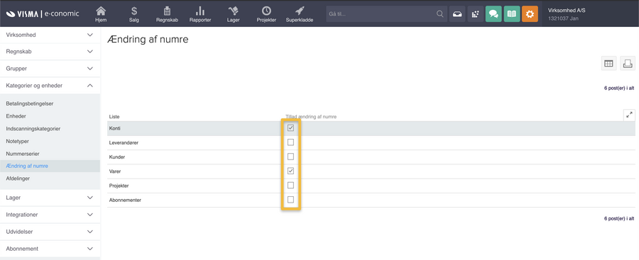 Viser listen med flueben i indstillingerne for 'Ændring af numre' – bruges til at tillade ændring af numre på specifikke kartoteker.