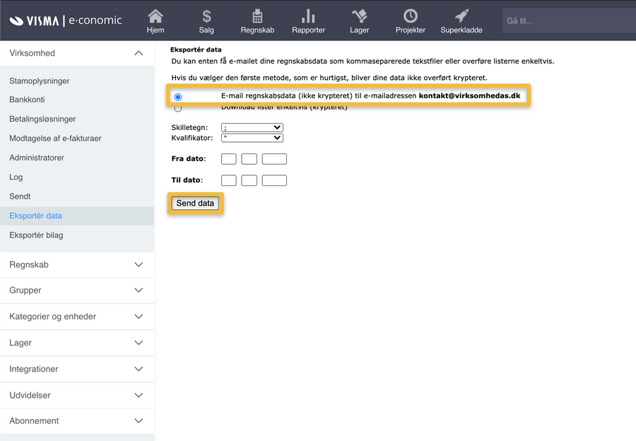 Viser valgmuligheden for at sende data via e-mail på siden 'Eksportér data' – bruges til at sende regnskabsdata ukrypteret til en e-mailadresse.