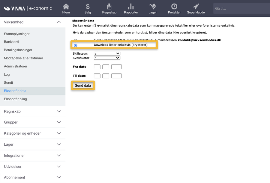 Viser valgmuligheden 'Download lister enkeltvis (krypteret)' i Eksportér data – bruges til at hente data ned som krypterede filer.