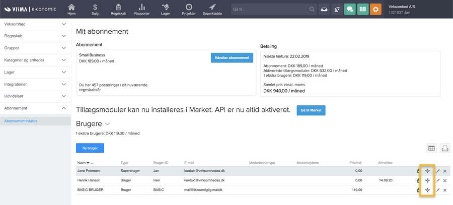 Viser Hurtige links-ikonet i brugeroversigten under Abonnementsstatus – bruges til at oprette hurtige links til en specifik bruger