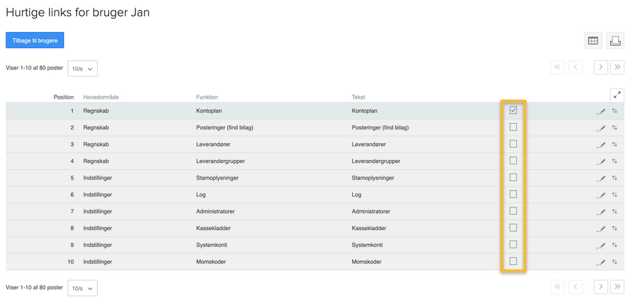 Viser valg af menupunkter på en liste i indstillingerne for hurtige links – bruges til at oprette hurtige links til en specifik bruger.