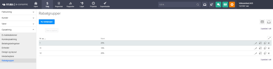 Viser oversigt over rabatgrupper i Opsætning under fanen Salg – bruges til at oprette og administrere rabatgrupper.