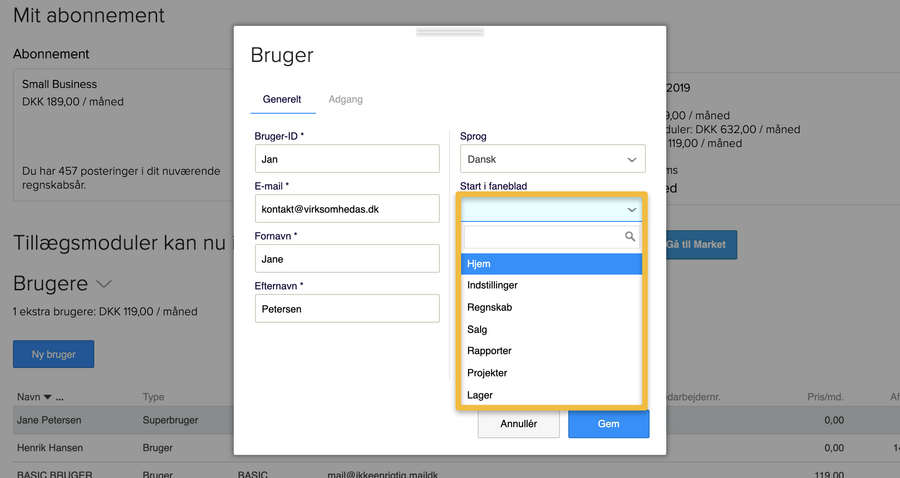 Viser dropdown-menuen "Start i faneblad" i brugerindstillinger – bruges til at vælge hvilket faneblad en bruger lander på ved login.