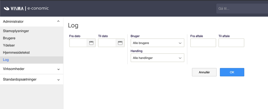 Viser søgefunktionen i loggen under Administrator – bruges til at søge efter specifikke brugerhandlinger.