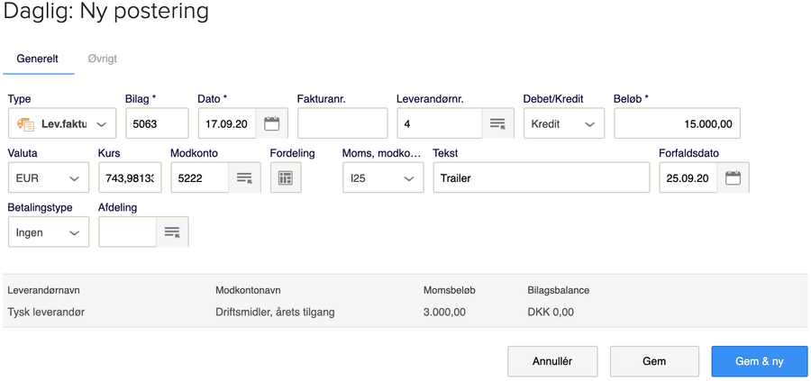 Viser fanen 'Generelt' i dialogen 'Ny postering' – bruges til at oprette en leverandørfaktura for et anlægsaktiv.