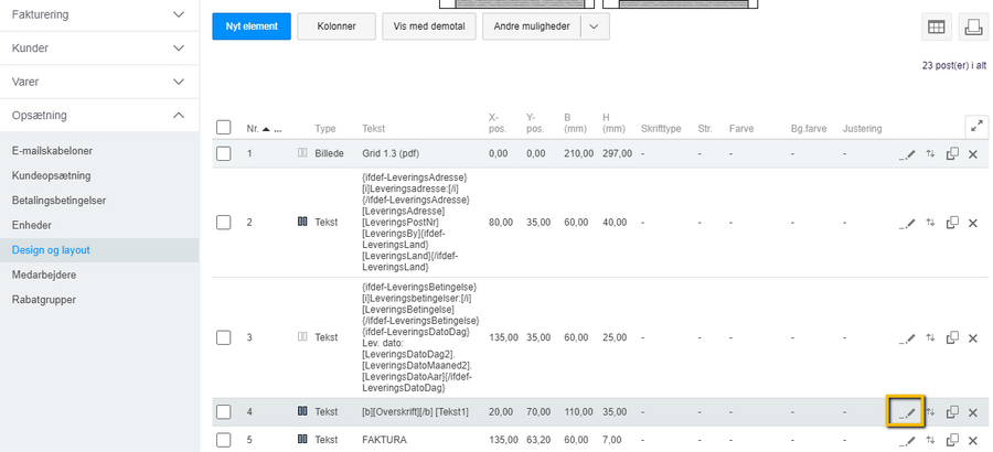 Viser rediger-ikonet (blyanten) i layout-oversigten under Design og layout – bruges til at åbne indstillingerne for et element for at anvende eller skjule det.