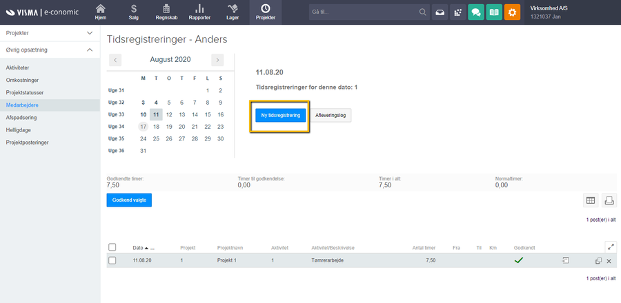 Viser knappen 'Ny tidsregistrering' i Tidsregistreringer – bruges til at oprette en ny tidsregistrering for at tilbageføre en fejlregistrering.
