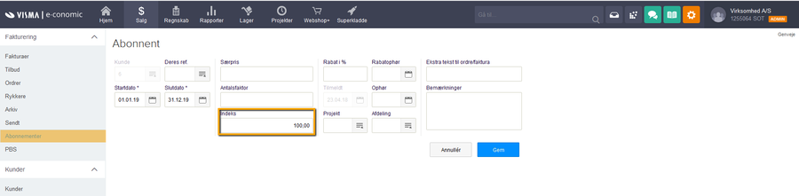 Viser feltet “Indeks” i et abonnement – bruges til at angive indeksfaktor for prisregulering ved indekseret fakturering.