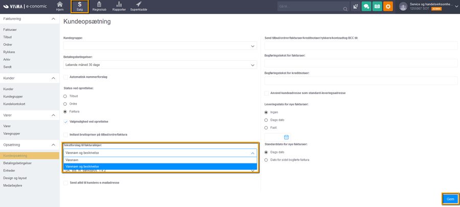 Viser rullemenuen 'Tekstforslag til fakturalinjer' i Kundeopsætning – bruges til at slå varenavn og beskrivelse sammen på fakturalinjer.