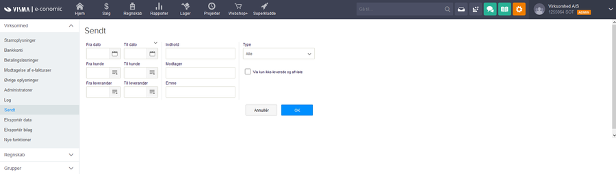 Viser Sendt-loggen i virksomhedsindstillingerne – bruges til at filtrere og søge i afsendte dokumenter og e-mails.