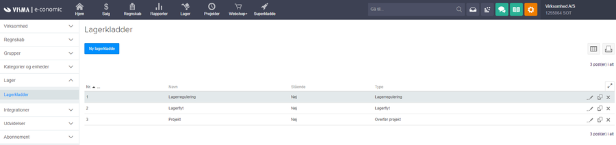 Viser oversigten over lagerkladder i Lager-modulet – bruges til at administrere og oprette nye lagerkladder.