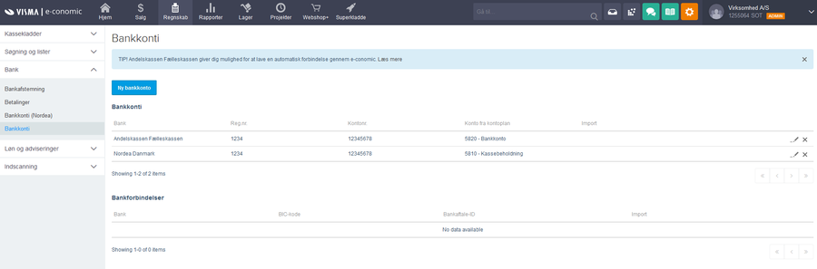 Viser bankkonti-oversigten i Kassekladder – bruges til at oprette og administrere virksomhedens bankkonti.