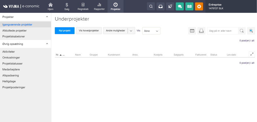 Viser oversigten over igangværende projekter i projektfanen – bruges til at få et overblik over og administrere sine projekter.