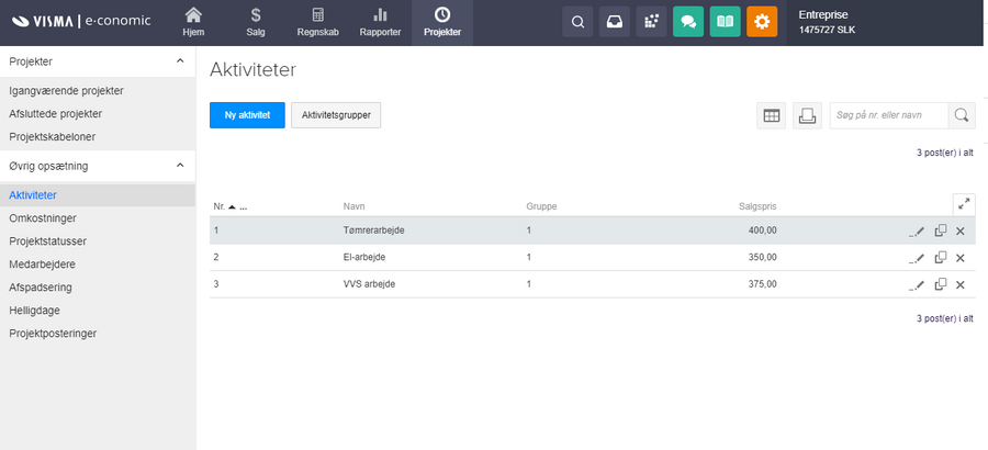 Viser oversigten over aktiviteter i Projektmodulet – bruges til at oprette og vedligeholde de aktiviteter, der kan registreres på projekter.