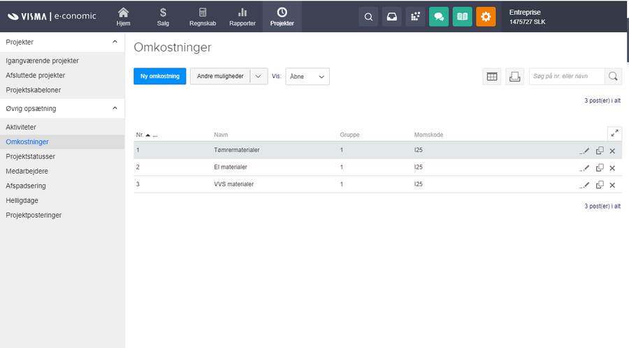 Viser oversigten over omkostninger i projektmodulets opsætning – bruges til at oprette og administrere omkostningstyper, der kan tilføjes til projekter.
