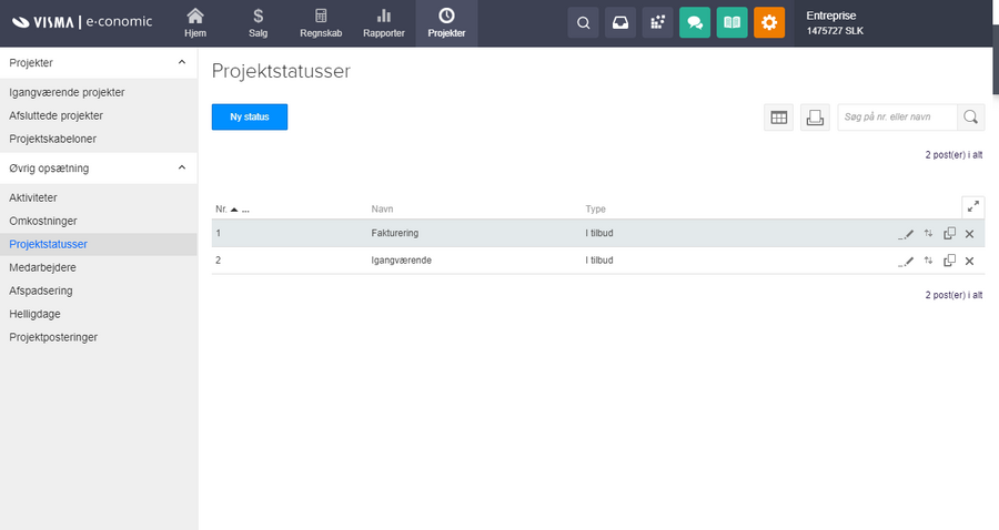 Viser oversigten over projektstatusser i projektopsætningen – bruges til at administrere de statusser, der kan tildeles projekter.