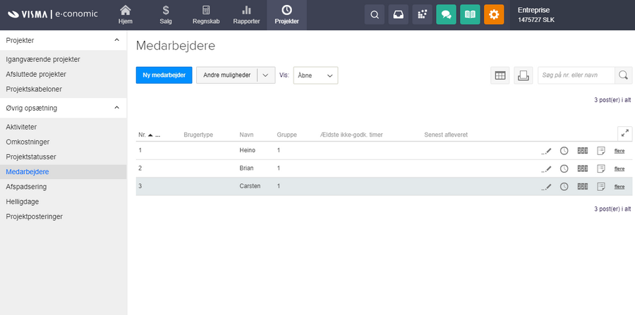 Viser medarbejderoversigten i projektmodulet – bruges til at oprette og administrere medarbejdere.