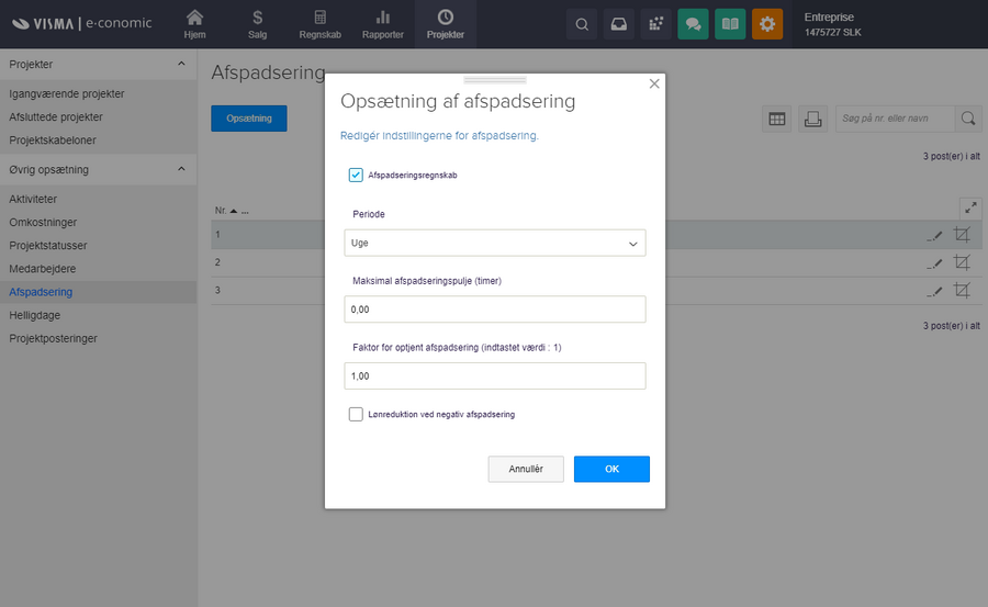 Viser opsætningsvinduet for afspadsering i Projektstyring – bruges til at redigere indstillingerne for afspadseringsregnskabet.