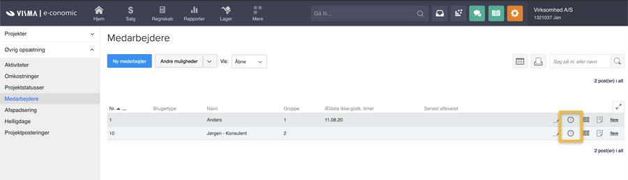 Viser linjeikonet "Tidsregistrering" i medarbejderoversigten – bruges til at starte en tidsregistrering for den valgte medarbejder.