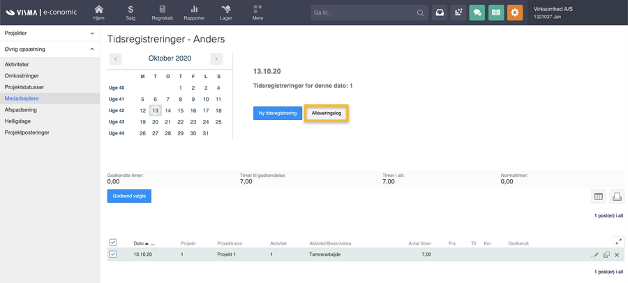 Viser knappen 'Afleveringslog' i tidsregistrering for en medarbejder – bruges til at se en log over, hvilke måneder og uger medarbejderen har afleveret.
