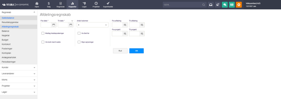 Viser opsætningsfelterne i rapporten Afdelingsregnskab – bruges til at afgrænse og tilpasse rapporten før den genereres.