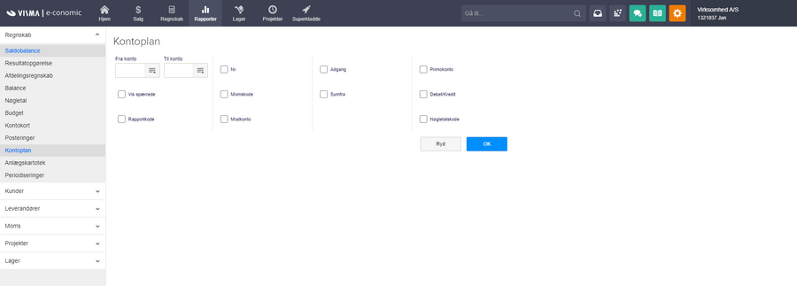 Viser filtermuligheder for rapporten Kontoplan i Rapporter – bruges til at afgrænse hvilke konti og kolonner rapporten skal indeholde