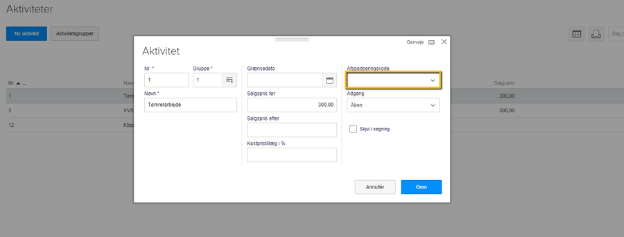Viser feltet "Afspadseringskode" i opsætningen af en aktivitet – bruges til at knytte aktiviteten til afspadseringsregnskabet.