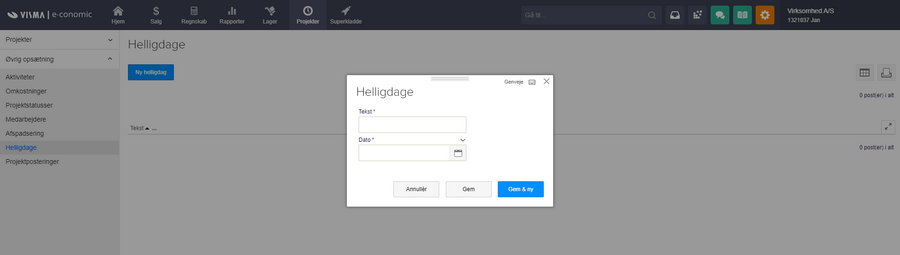 Viser dialogboksen til oprettelse af en ny helligdag i Projekt-modulet – bruges til at indtaste navn og dato for en ny helligdag.