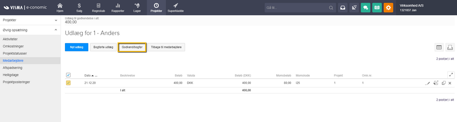 Viser knappen 'Godkend/bogfør' i oversigten over en medarbejders udlæg – bruges til at godkende og bogføre de markerede udlæg.