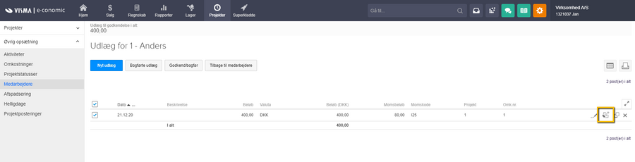 Viser "Tilknyt bilag"-ikonet i oversigten over medarbejderudlæg – bruges til at tilknytte et bilag til et medarbejderudlæg.
