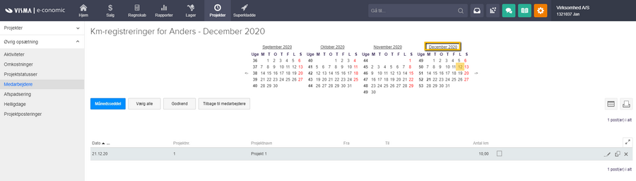 Viser oversigt over km-registreringer for en medarbejder i Projektmodulet – bruges til at udvælge og godkende registreringer.