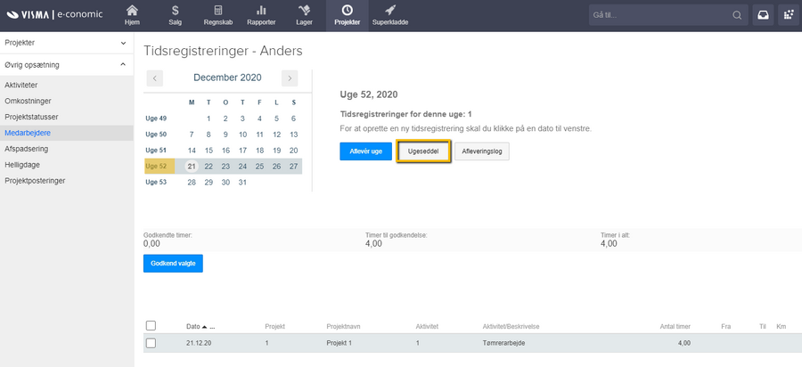 Viser knappen 'Ugeseddel' i Tidsregistreringer – bruges til at se ugesedlen for den valgte periode.