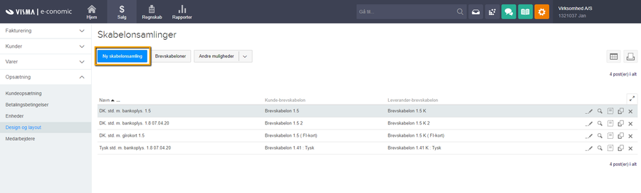 Viser knappen 'Ny skabelonsamling' i 'Design og layout' – bruges til at oprette en ny skabelonsamling.