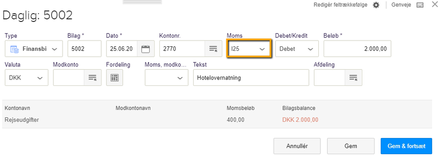 Viser en postering for en udgift med fuldt momsfradrag i kassekladden – bruges til at bogføre den første del af et bilag med differentieret moms.