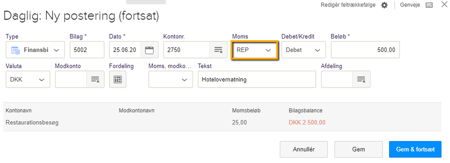 Viser valg af momskode REP i oprettelse af en ny postering i kassekladden – bruges til at angive begrænset momsfradrag på en postering.