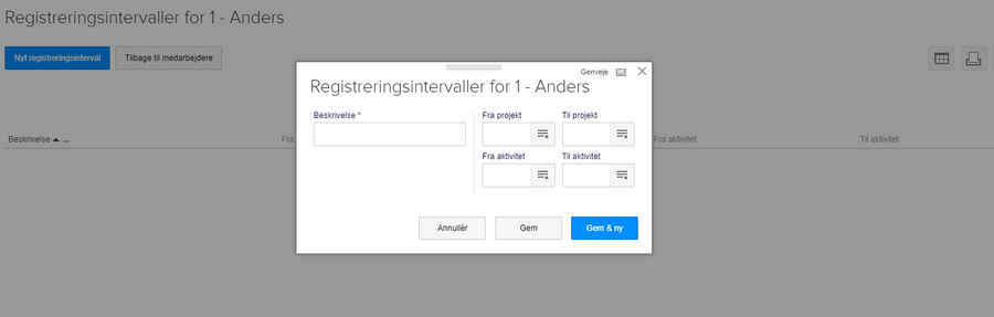 Viser oprettelsesvinduet for et registreringsinterval i Projektmodulet – bruges til at oprette et nyt registreringsinterval for en medarbejder.