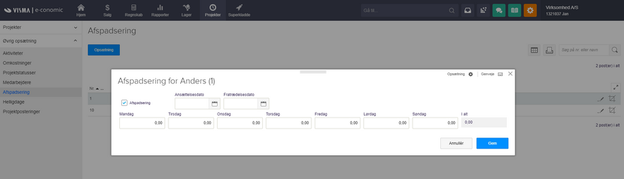 Viser redigeringsvinduet for en medarbejder i opsætningen af Afspadsering – bruges til at angive medarbejderens normtal.