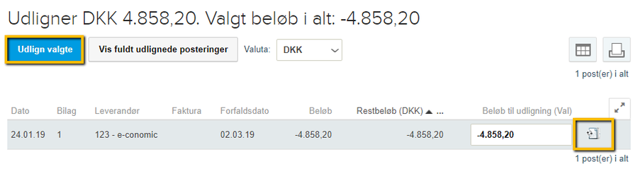 Viser udligning af en leverandørfaktura i vinduet 'Udlign posteringer' – bruges til at bekræfte hvilken faktura en betaling skal dække.