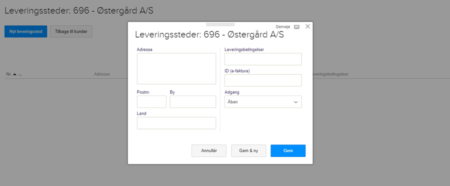 Viser oprettelsesvinduet for et nyt leveringssted i kundekartoteket – bruges til at tilføje en ny leveringsadresse til en kunde.