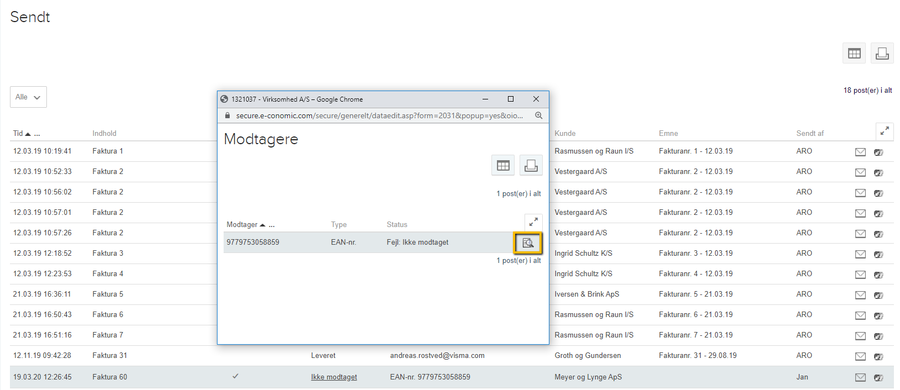 Viser ikonet 'Vis besked' i dialogboksen 'Modtagere' – bruges til at se fejlmeddelelsen for en faktura, der ikke er modtaget.
