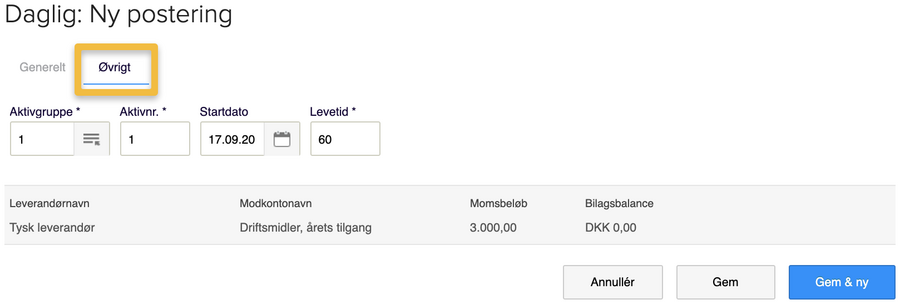 Viser felterne på fanen "Øvrigt" i en ny postering – bruges til at tilføje detaljer om et anlægsaktiv.