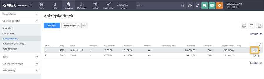 Viser rediger-ikonet i anlægskartoteket – bruges til at redigere et anlægsaktiv for at registrere det som solgt.