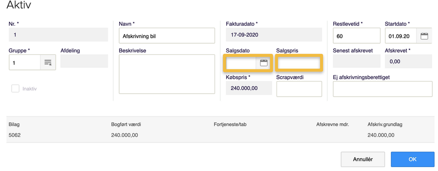 Viser felterne 'Salgsdato' og 'Salgspris' i Anlægskartoteket – bruges til at registrere salget af et anlægsaktiv.
