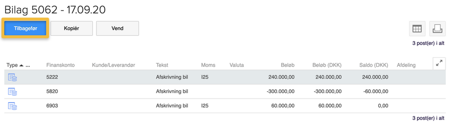 Viser knappen 'Tilbagefør' i transaktionsvisningen for et bilag – bruges til at tilbageføre et bilag.