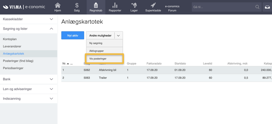 Viser knappen 'Vis posteringer' i Anlægskartotek – bruges til at se en oversigt over alle posteringer, der knytter sig til aktivet.
