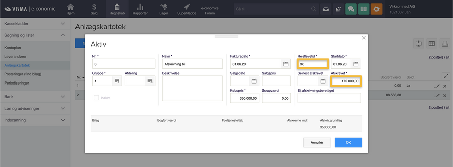 Viser oprettelsesvinduet for et aktiv i Anlægskartoteket – bruges til at tilføje et historisk aktiv med restlevetid og afskrevet beløb.