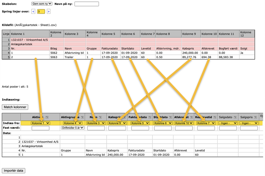 Viser matchning af kolonner i funktionen til import af aktiver – bruges til at mappe data fra en CSV-fil til de korrekte felter i systemet.