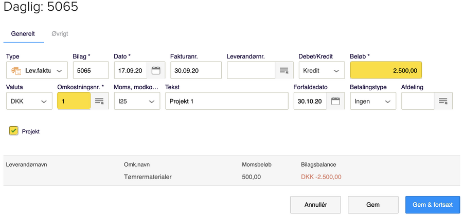 Viser en posteringslinje til en projektomkostning i Kassekladden – bruges til at bogføre den første del af en omkostning, der skal fordeles på flere projekter.