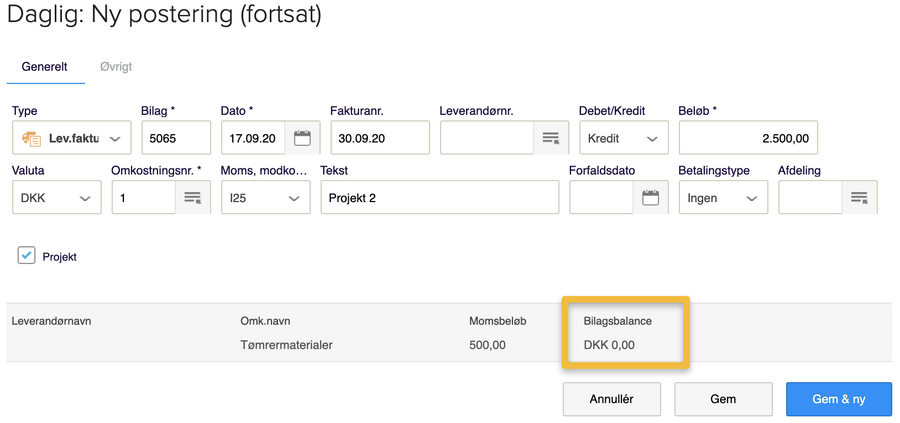 Viser en bilagsbalance i nul i en ny postering – bruges til at bekræfte, at en omkostning er fuldt fordelt på flere projekter før bogføring.